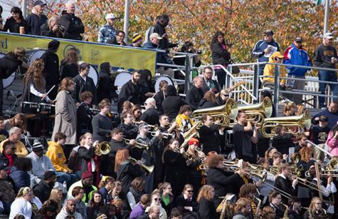 The Shepherd University Ram Band plays in the bleachers during the game against West Liberty.