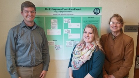 From left to right: Bradley Davidson, Emilie Piatek, and their instructor Dr. Karen Adams stand in front of their poster they presented at the Undergraduate Research Day event.