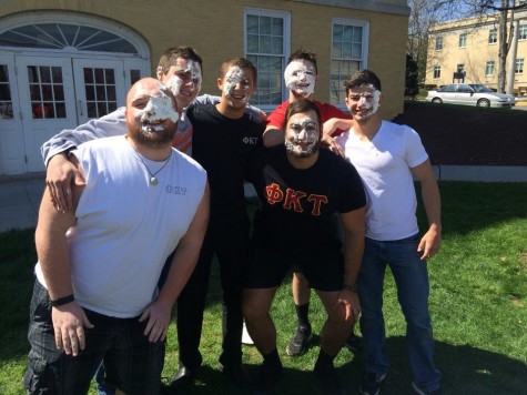 Brothers of Phi Kappa Tau pose with whipped cream on their faces for their Pie a Phi Tau fundraiser for the SerioiusFun Children's Network, a charity benefitting sick children. Pictured from left: Robbie Burkett, Mike Morris, Michael Giles, Derrick Cowles (top), Stefanos Stefanidis (bottom) and Camden Connell.