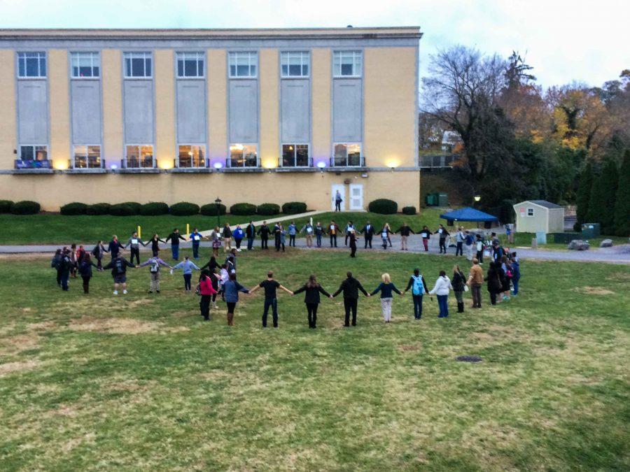 With less than the number of students to meet their original goal of making a human chain across campus, students form a heart